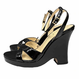 Jessica Simpson OJILLY Black Patent High Wedge Square Open Toe Sandal 9.5 NEW